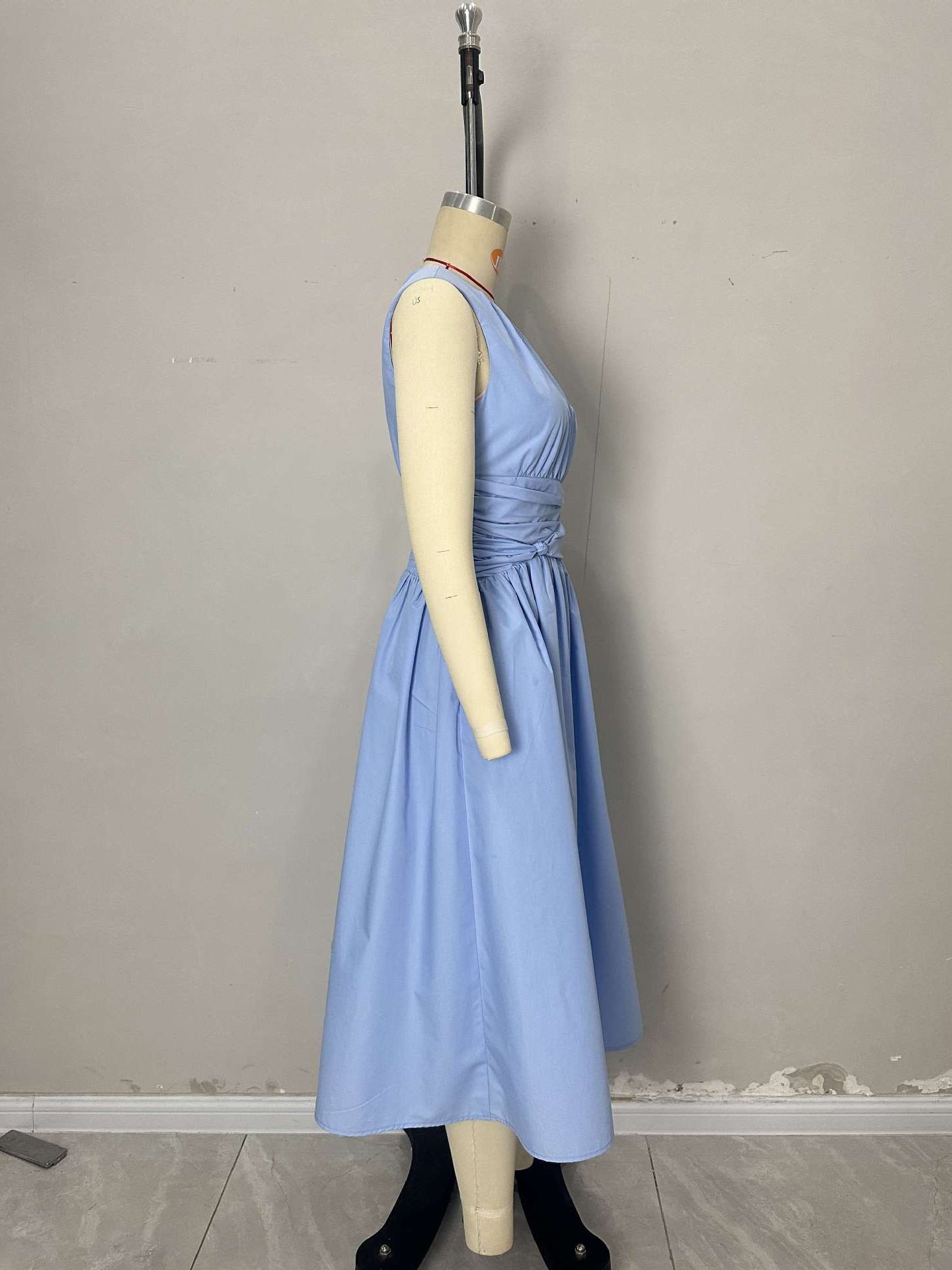 Sleeveless Midi Dress with Gathered Front and Shirred Back Waist