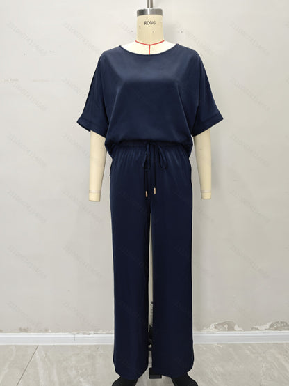 Solid Relaxed Fit Set with Short Sleeves and Drawstring Wide-Leg