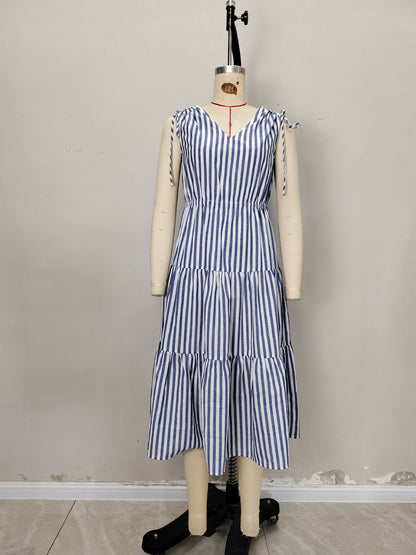 Striped Tiered Midi Dress with V-Neck and Tie Shoulders