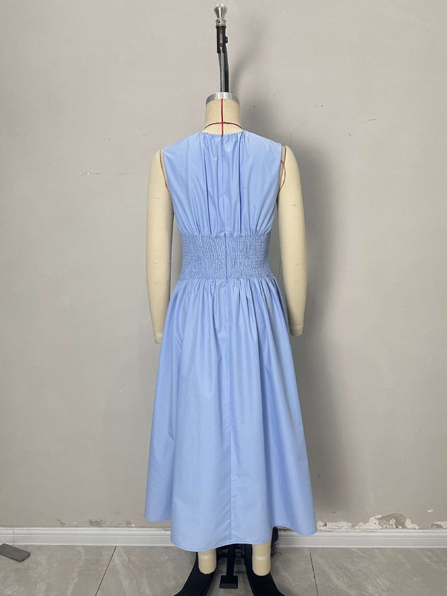 Sleeveless Midi Dress with Gathered Front and Shirred Back Waist