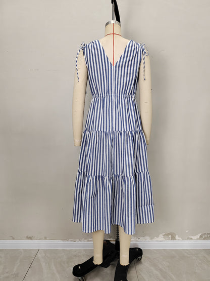 Striped Tiered Midi Dress with V-Neck and Tie Shoulders