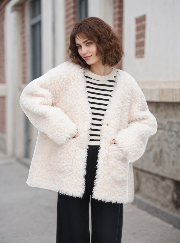 Solid Oversized Teddy Fleece Jacket with V-Neck