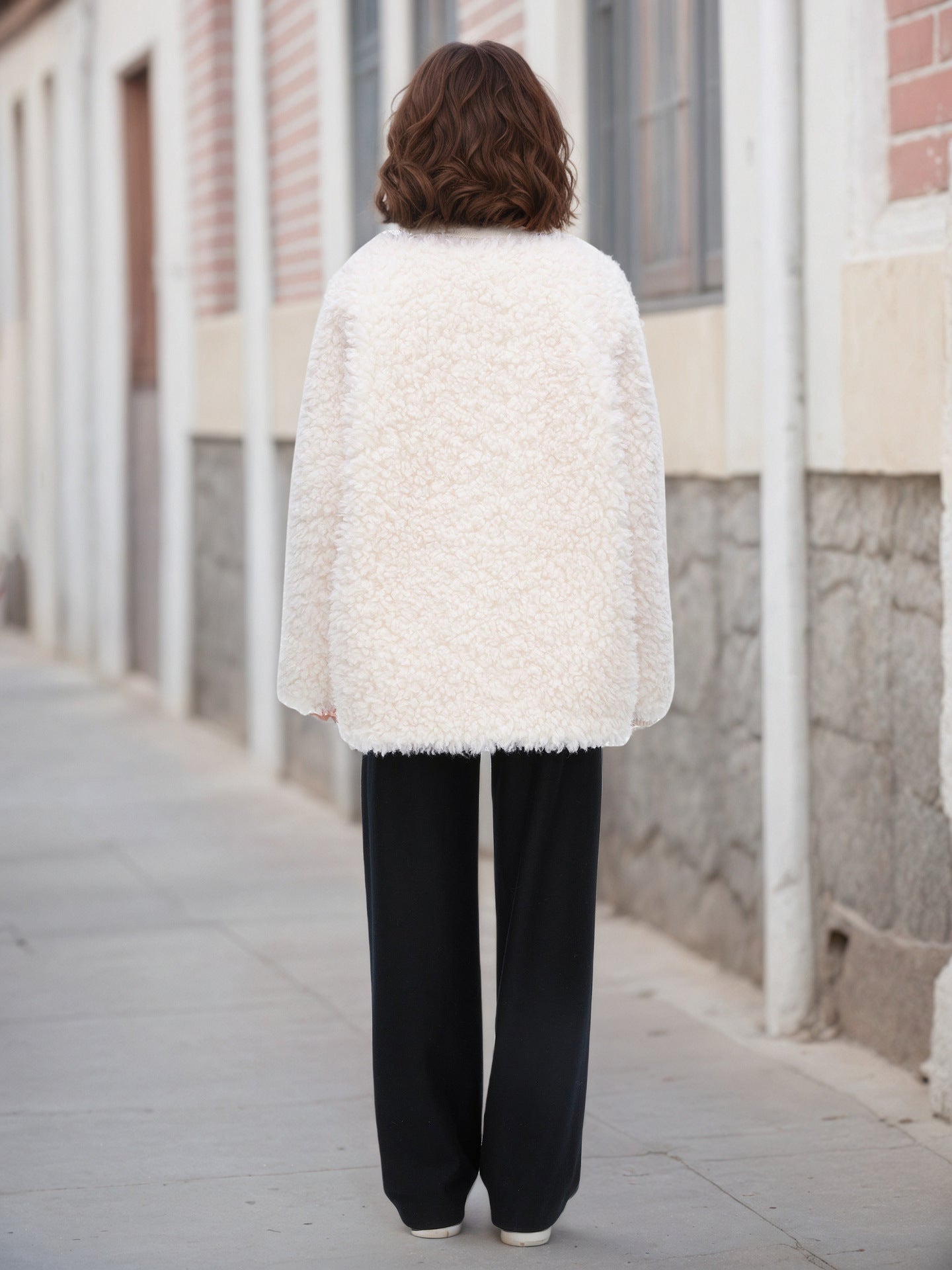 Solid Oversized Teddy Fleece Jacket with V-Neck