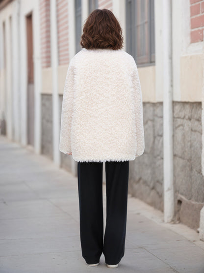 Solid Oversized Teddy Fleece Jacket with V-Neck