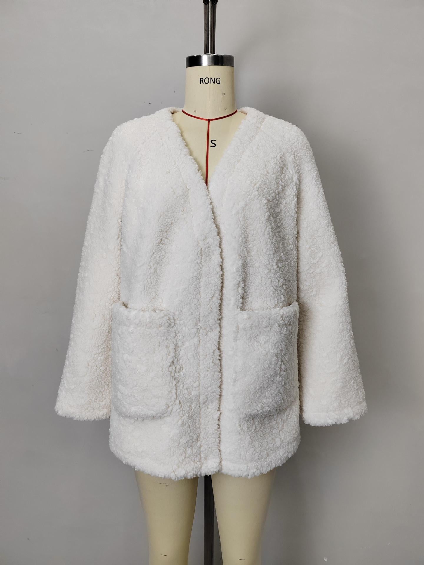 Solid Oversized Teddy Fleece Jacket with V-Neck