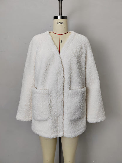 Solid Oversized Teddy Fleece Jacket with V-Neck