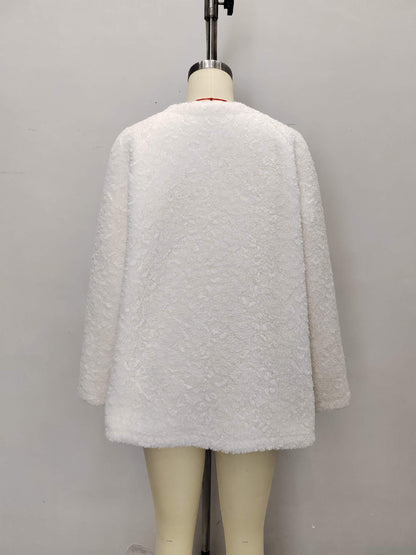 Solid Oversized Teddy Fleece Jacket with V-Neck