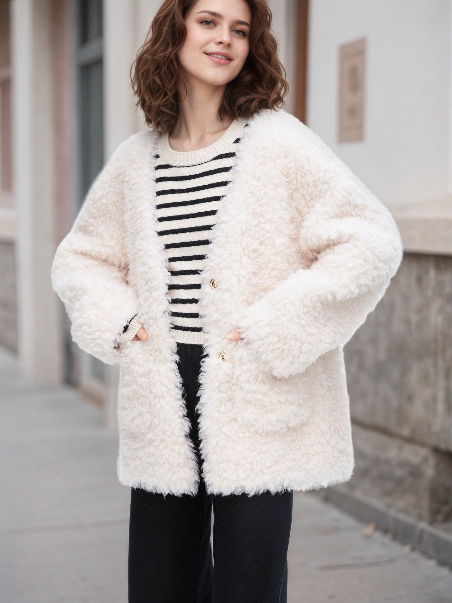 Solid Oversized Teddy Fleece Jacket with V-Neck