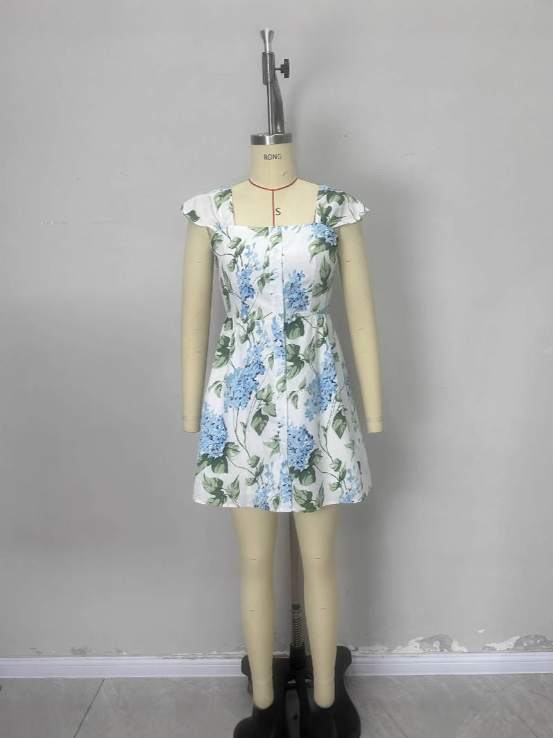 Floral A-Line Dress with Square Neck and Button Front