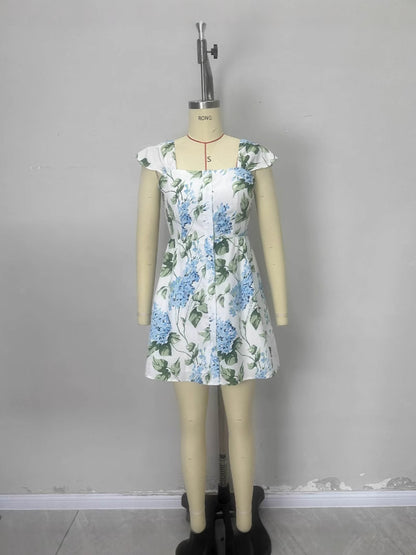 Floral A-Line Dress with Square Neck and Button Front