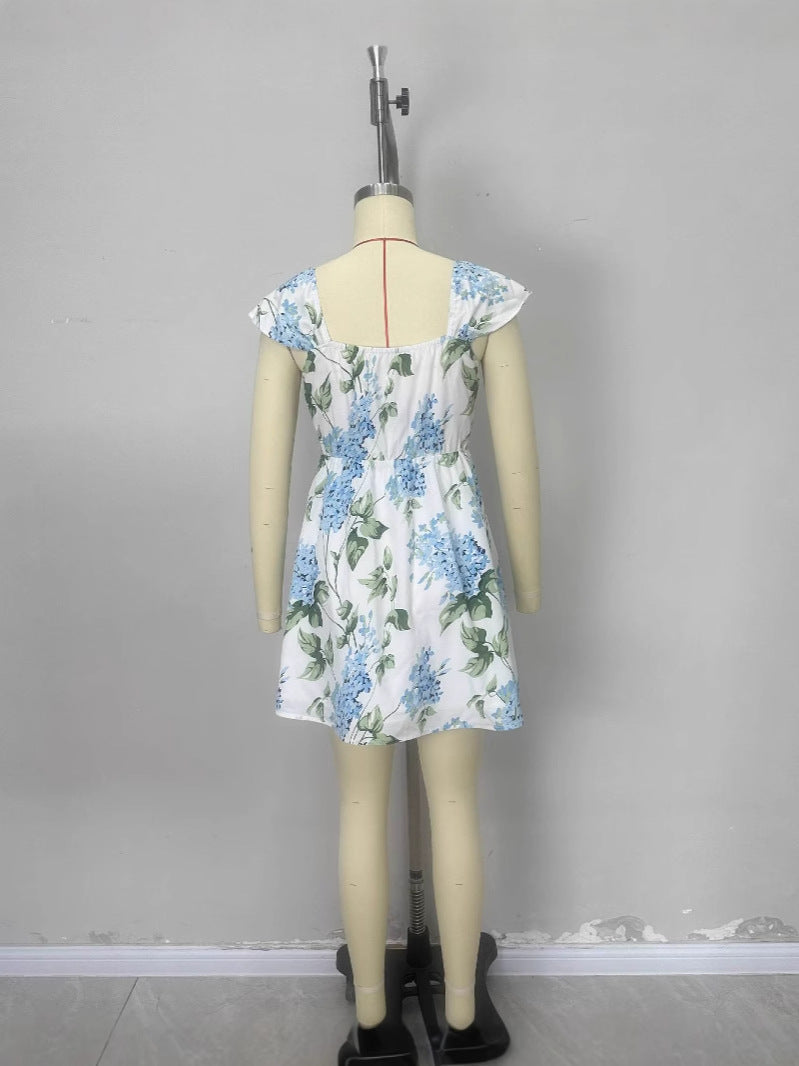 Floral A-Line Dress with Square Neck and Button Front