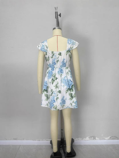 Floral A-Line Dress with Square Neck and Button Front