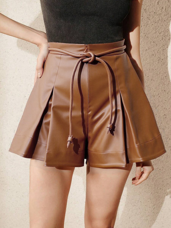 Pleated Wide-Leg Shorts with Tie-Waist and Faux Leather