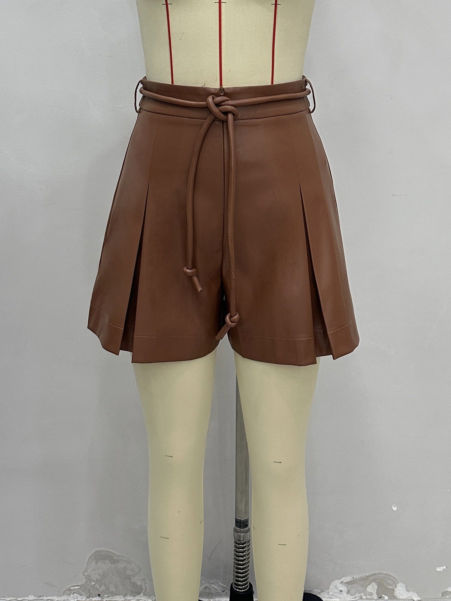 Pleated Wide-Leg Shorts with Tie-Waist and Faux Leather