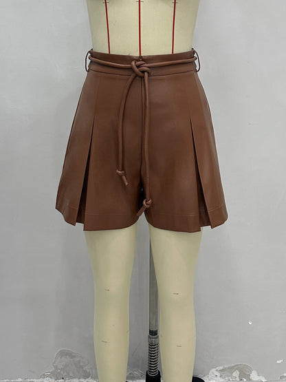 Pleated Wide-Leg Shorts with Tie-Waist and Faux Leather