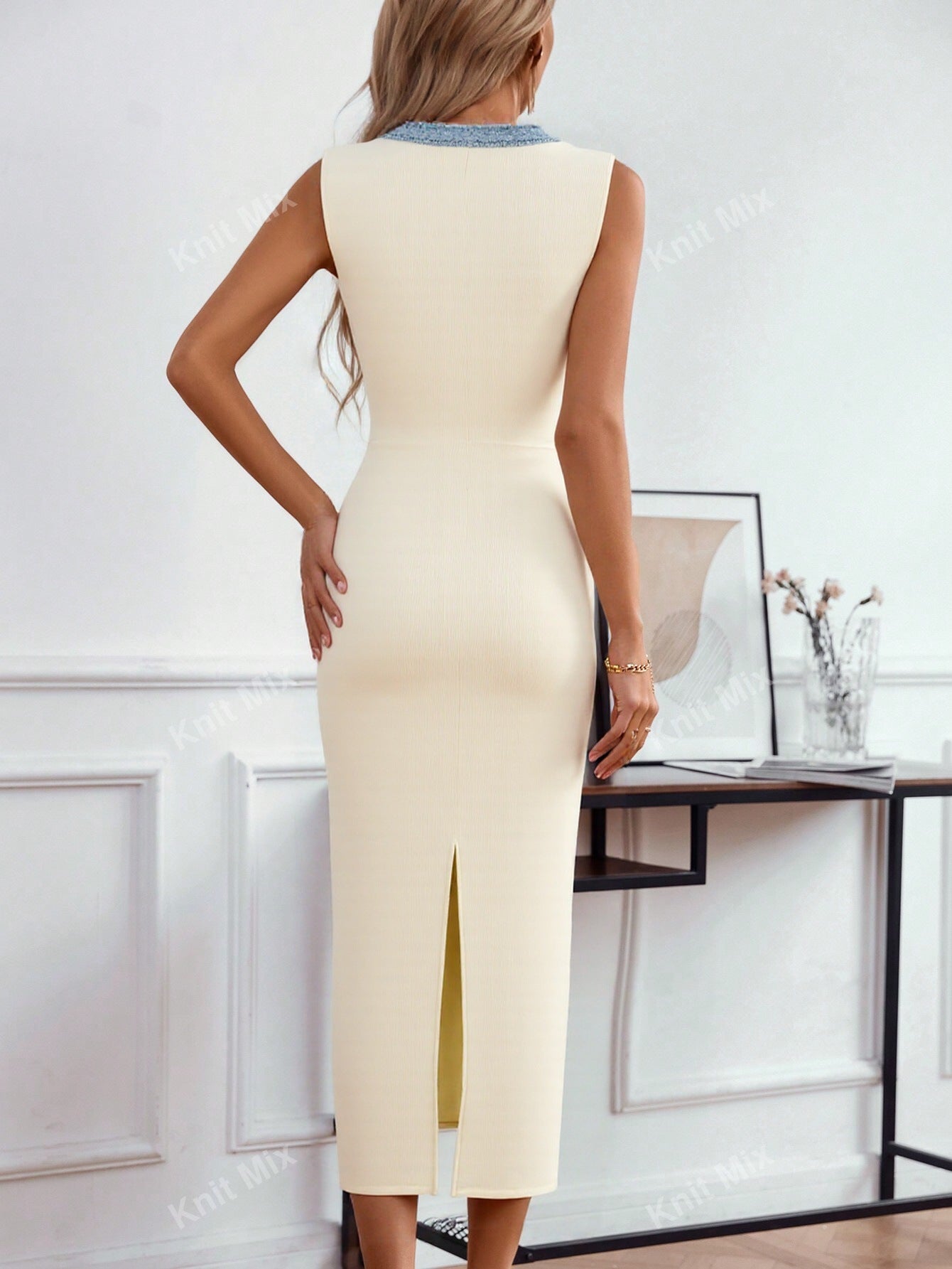 Sheath Knit Midi Dress with V-Neck and Braided Trim