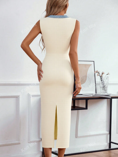 Sheath Knit Midi Dress with V-Neck and Braided Trim