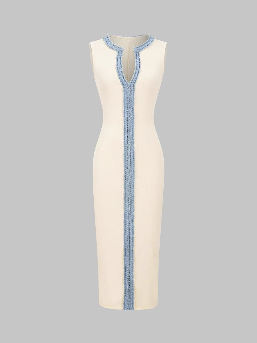 Sheath Knit Midi Dress with V-Neck and Braided Trim