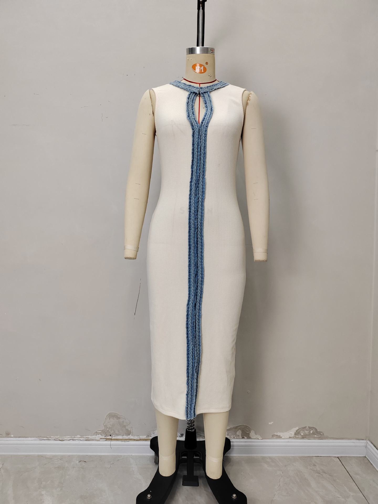 Sheath Knit Midi Dress with V-Neck and Braided Trim