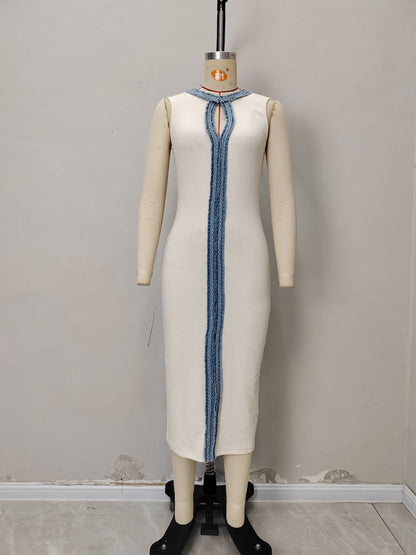 Sheath Knit Midi Dress with V-Neck and Braided Trim