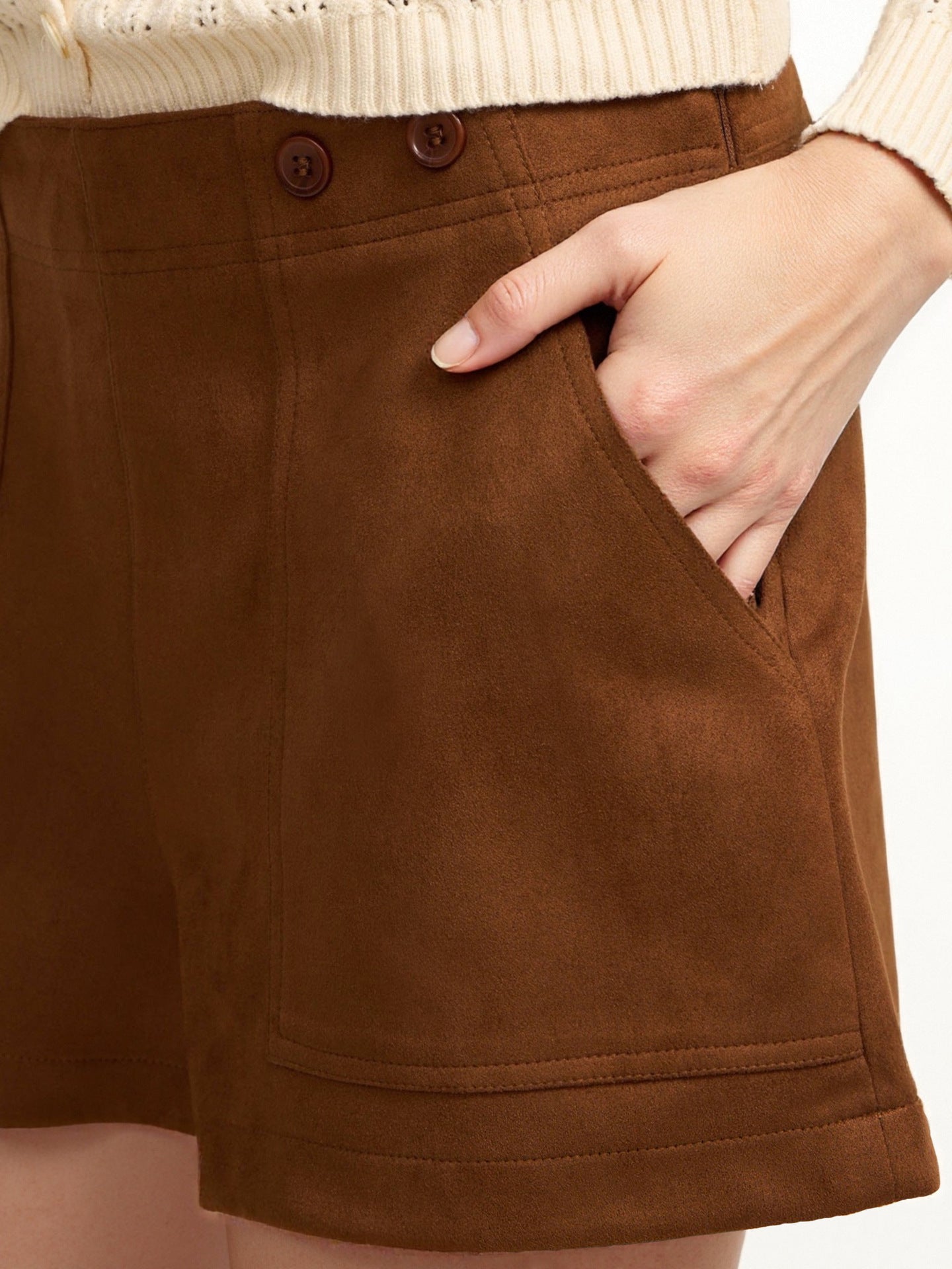 Caramel High-Waist Suede-Look Hot Pants with Patch Pockets