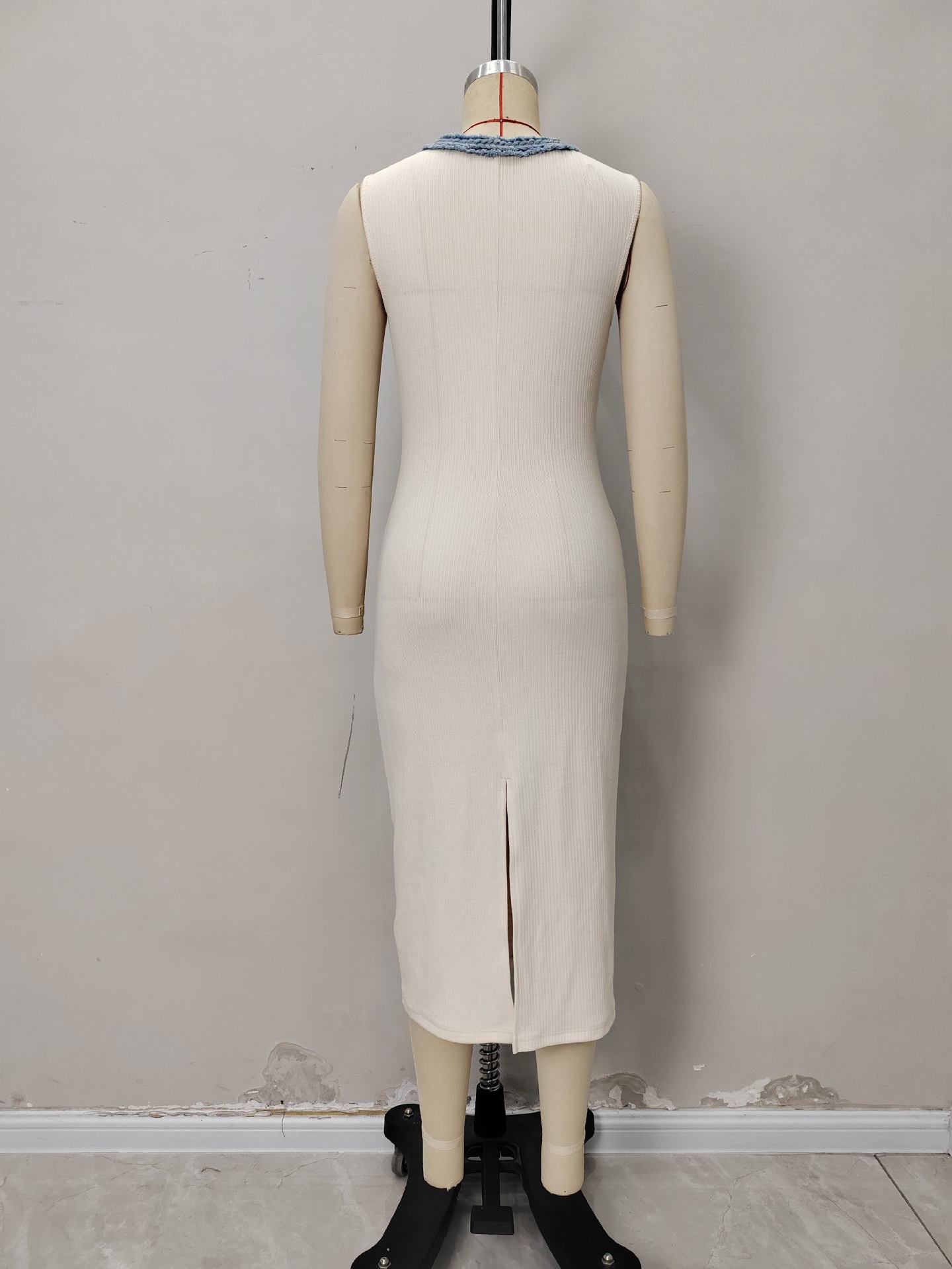 Sheath Knit Midi Dress with V-Neck and Braided Trim