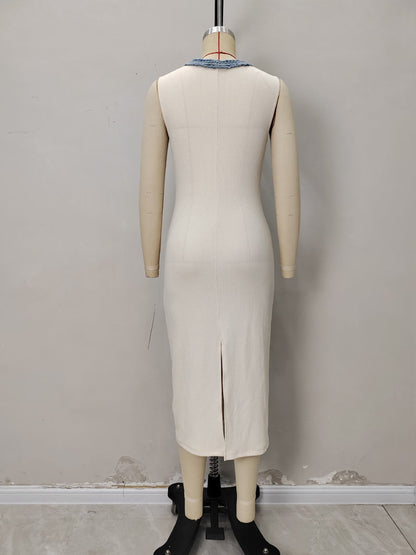 Sheath Knit Midi Dress with V-Neck and Braided Trim