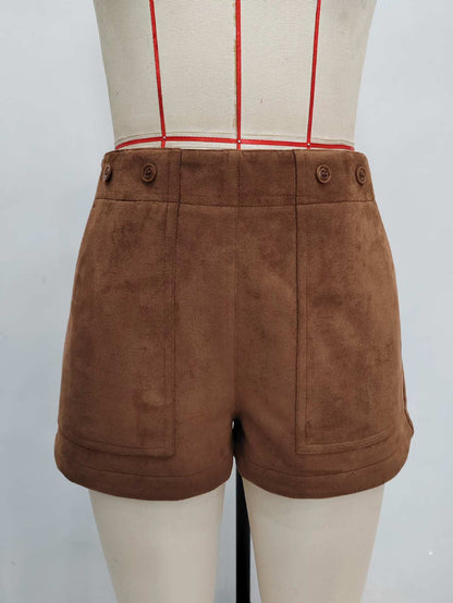 Caramel High-Waist Suede-Look Hot Pants with Patch Pockets
