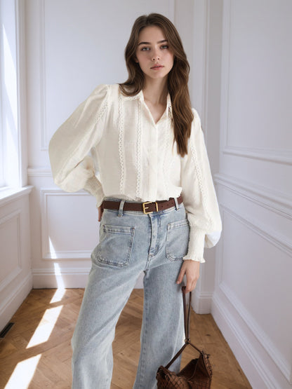 Solid Blouse with Lantern Sleeves and Lace Trim