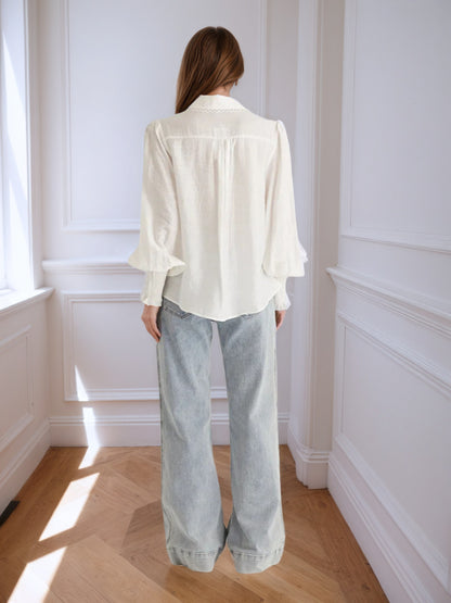 Solid Blouse with Lantern Sleeves and Lace Trim