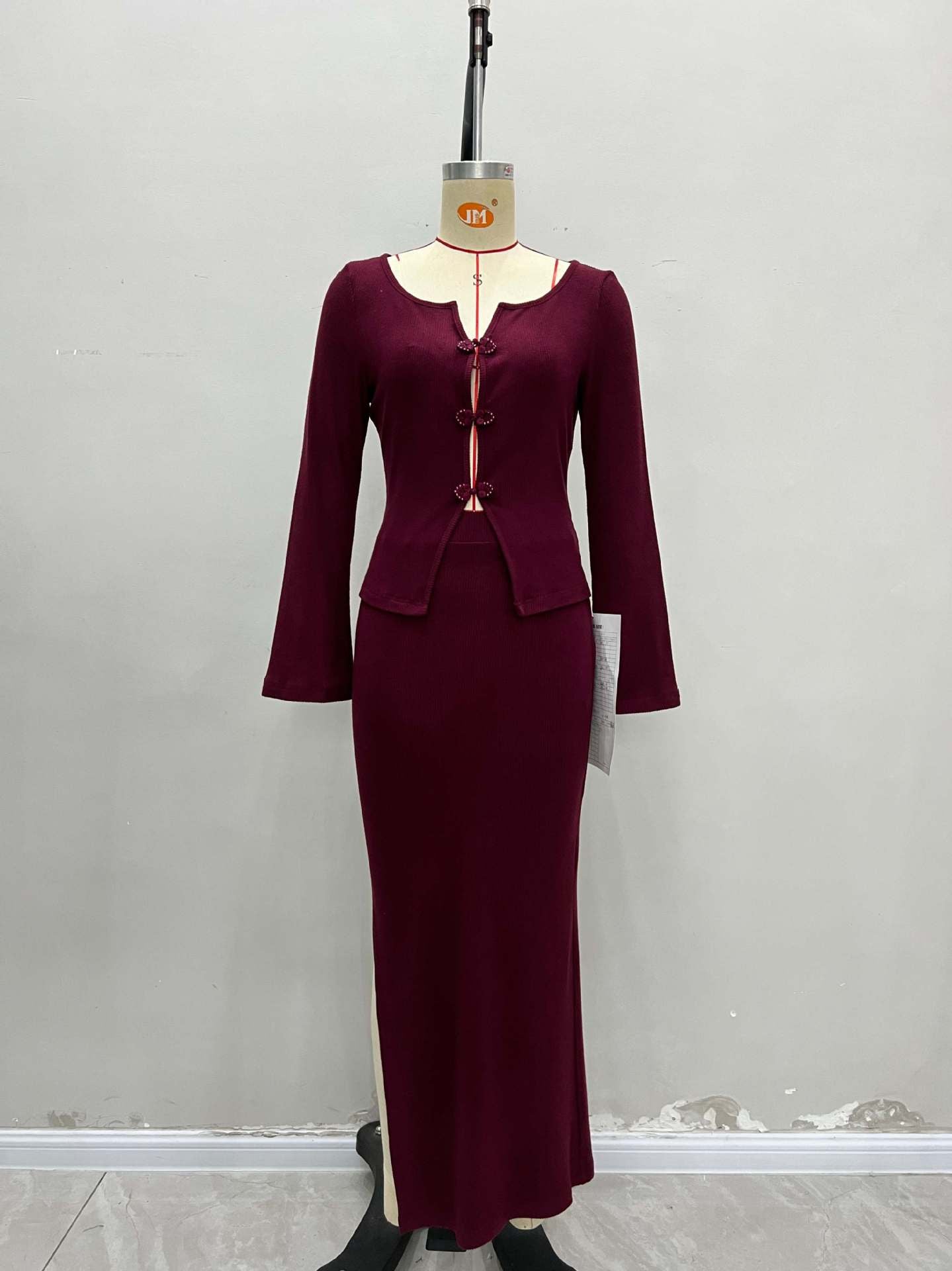 Burgundy Ribbed Knit Set with Frog Closure Cardigan and Midi Skirt