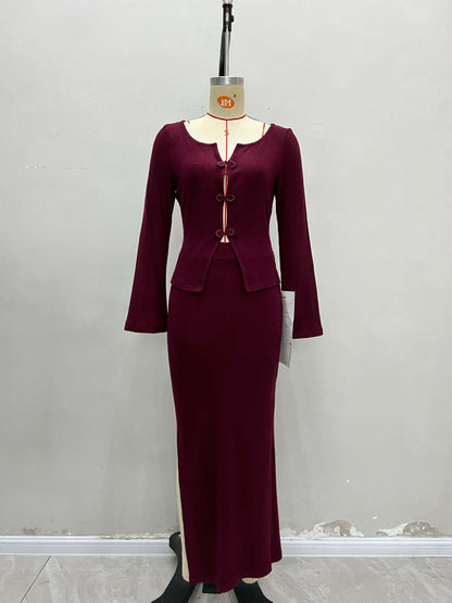 Burgundy Ribbed Knit Set with Frog Closure Cardigan and Midi Skirt