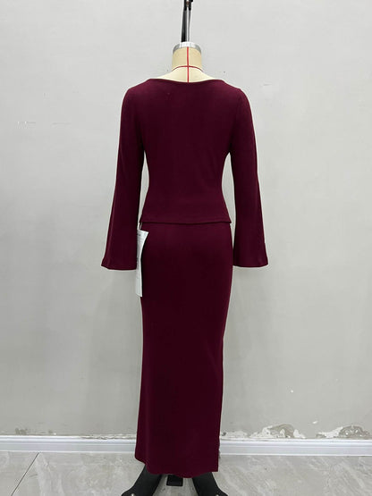 Burgundy Ribbed Knit Set with Frog Closure Cardigan and Midi Skirt