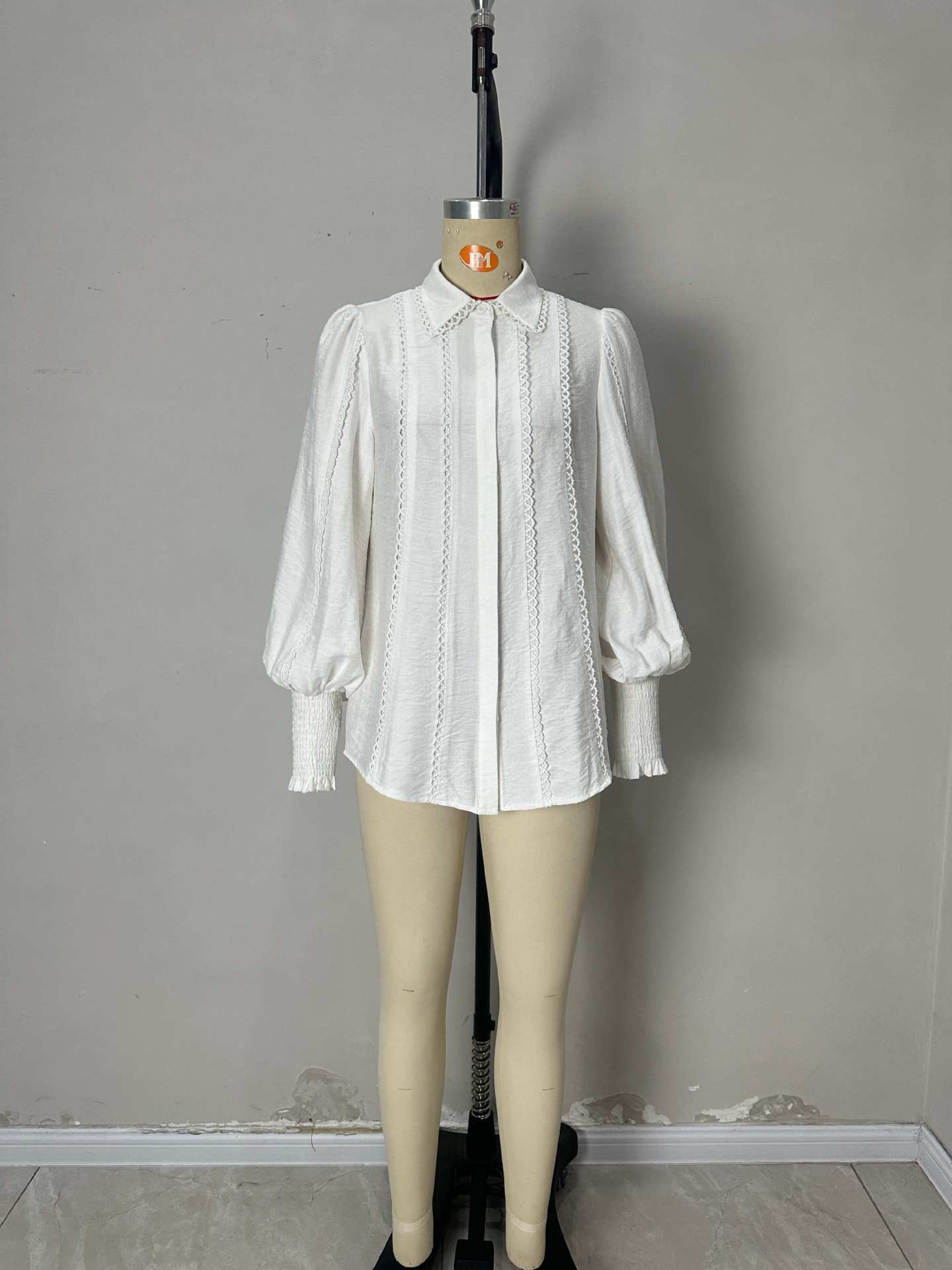 Solid Blouse with Lantern Sleeves and Lace Trim
