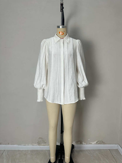 Solid Blouse with Lantern Sleeves and Lace Trim