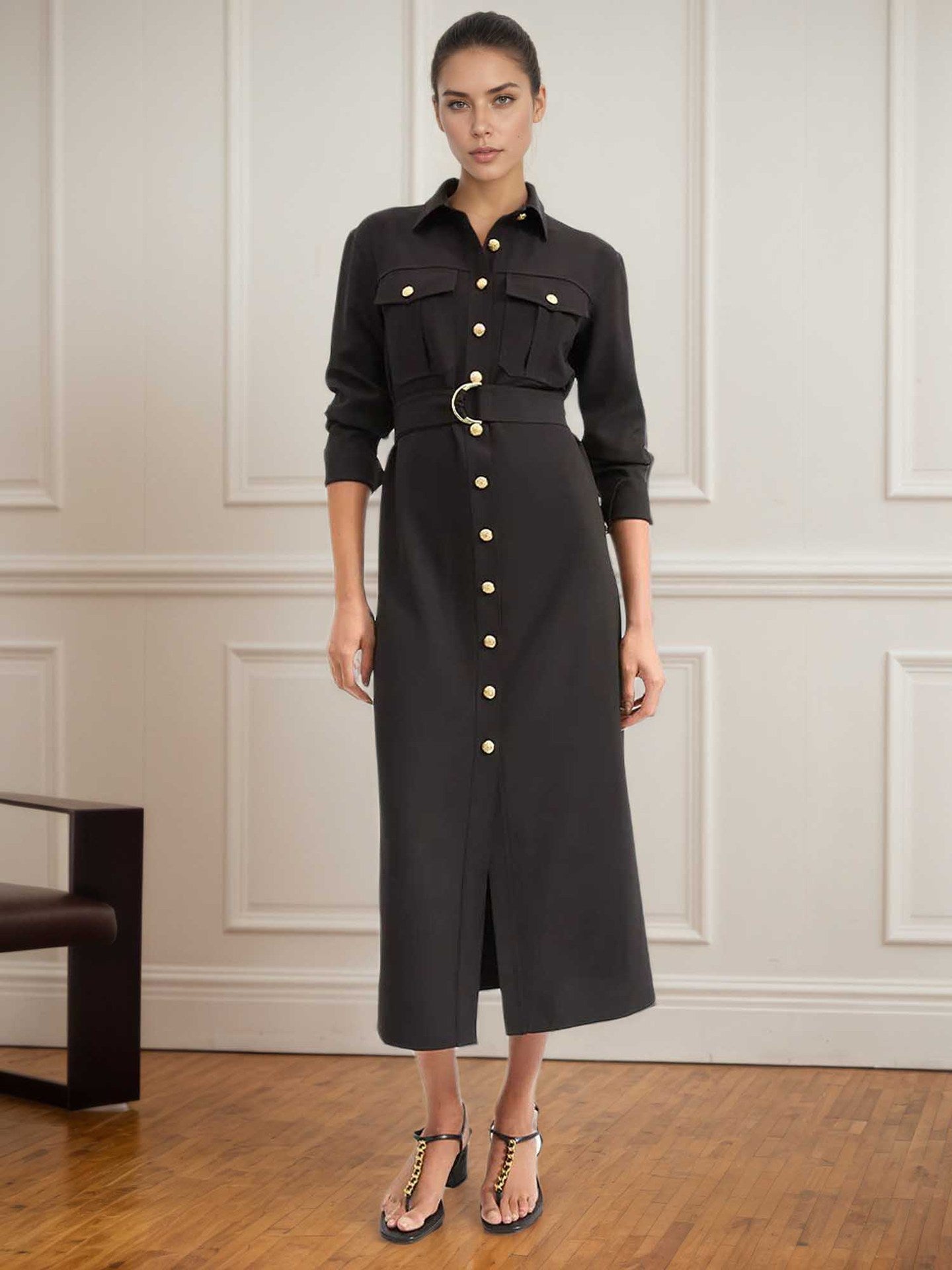 Solid A-Line Shirt Dress with Gold Buttons and Buckle Belt