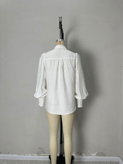 Solid Blouse with Lantern Sleeves and Lace Trim