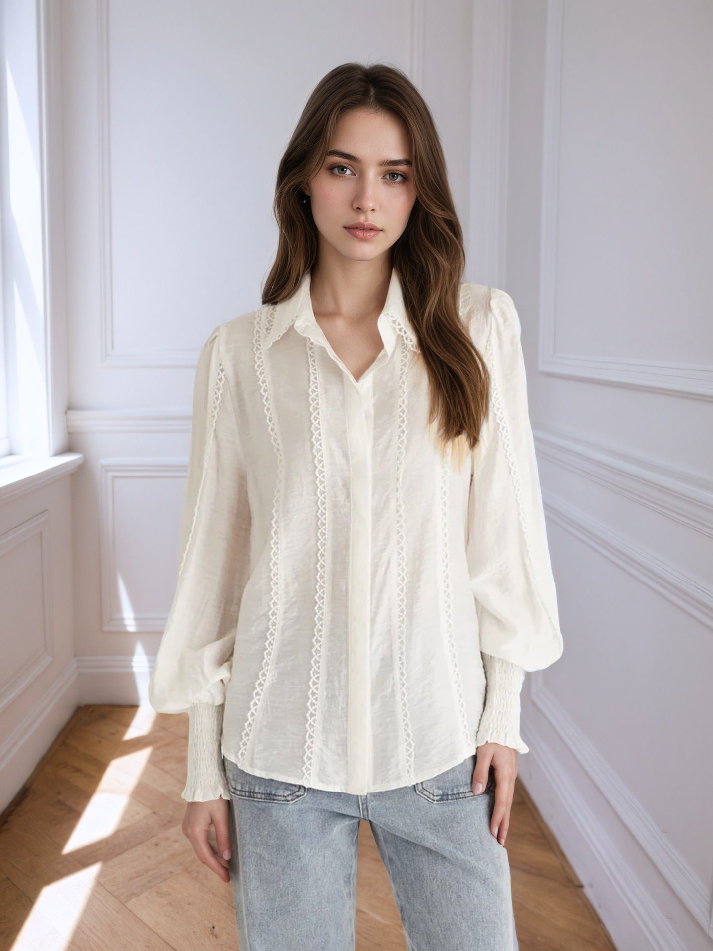 Solid Blouse with Lantern Sleeves and Lace Trim
