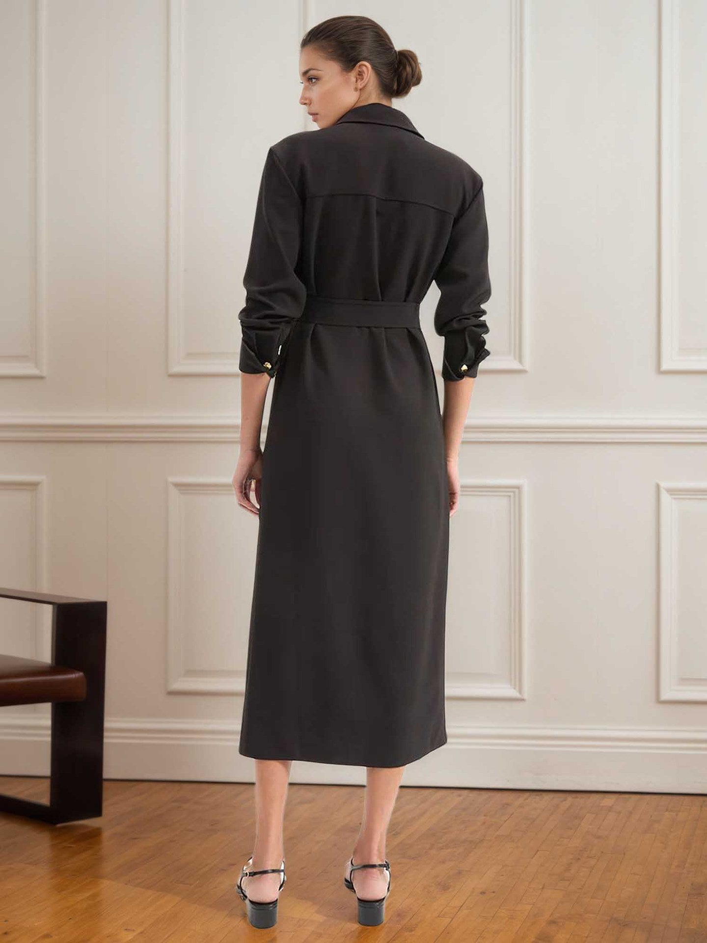 Solid A-Line Shirt Dress with Gold Buttons and Buckle Belt