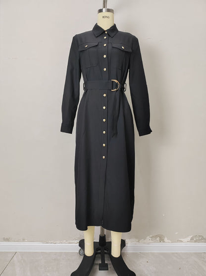 Solid A-Line Shirt Dress with Gold Buttons and Buckle Belt