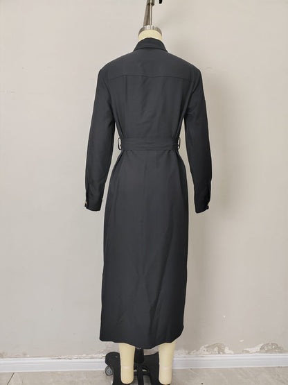 Solid A-Line Shirt Dress with Gold Buttons and Buckle Belt