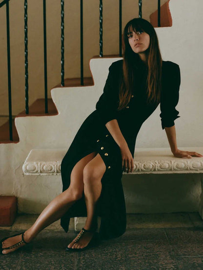 Solid A-Line Shirt Dress with Gold Buttons and Buckle Belt