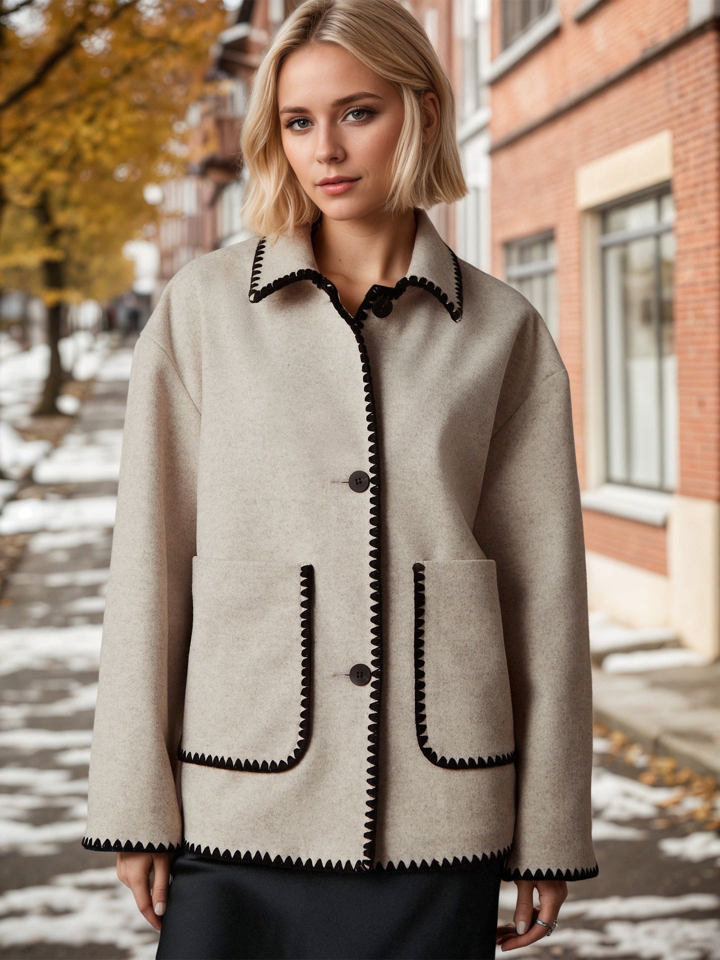 Relaxed Fit Jacket with Scalloped Contrast Trim and Lapel