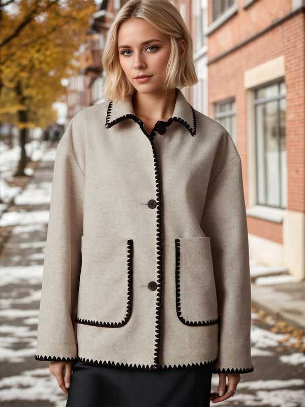 Relaxed Fit Jacket with Scalloped Contrast Trim and Lapel