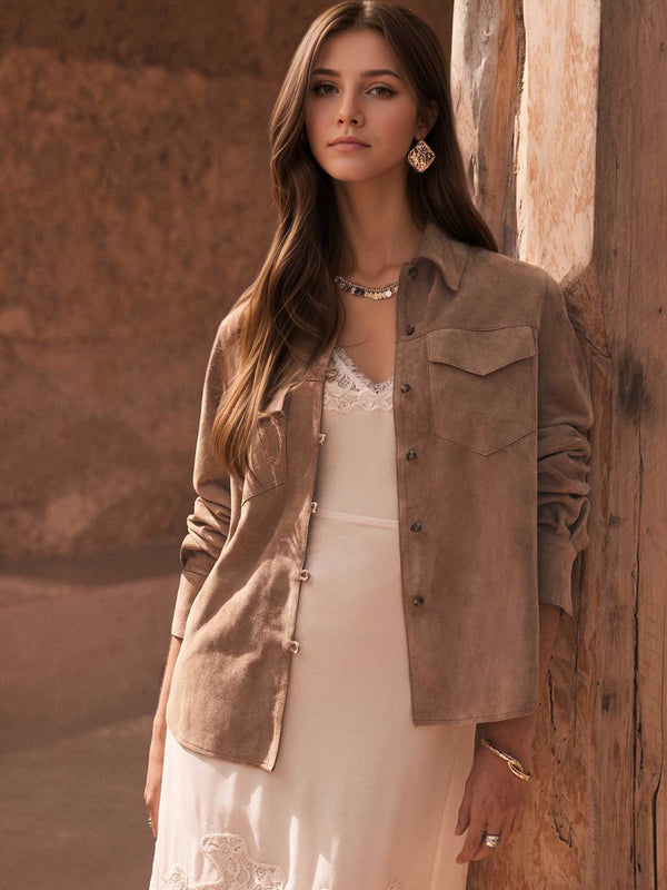 Loose Suede Shirt Jacket with Lapel and Chest Pockets