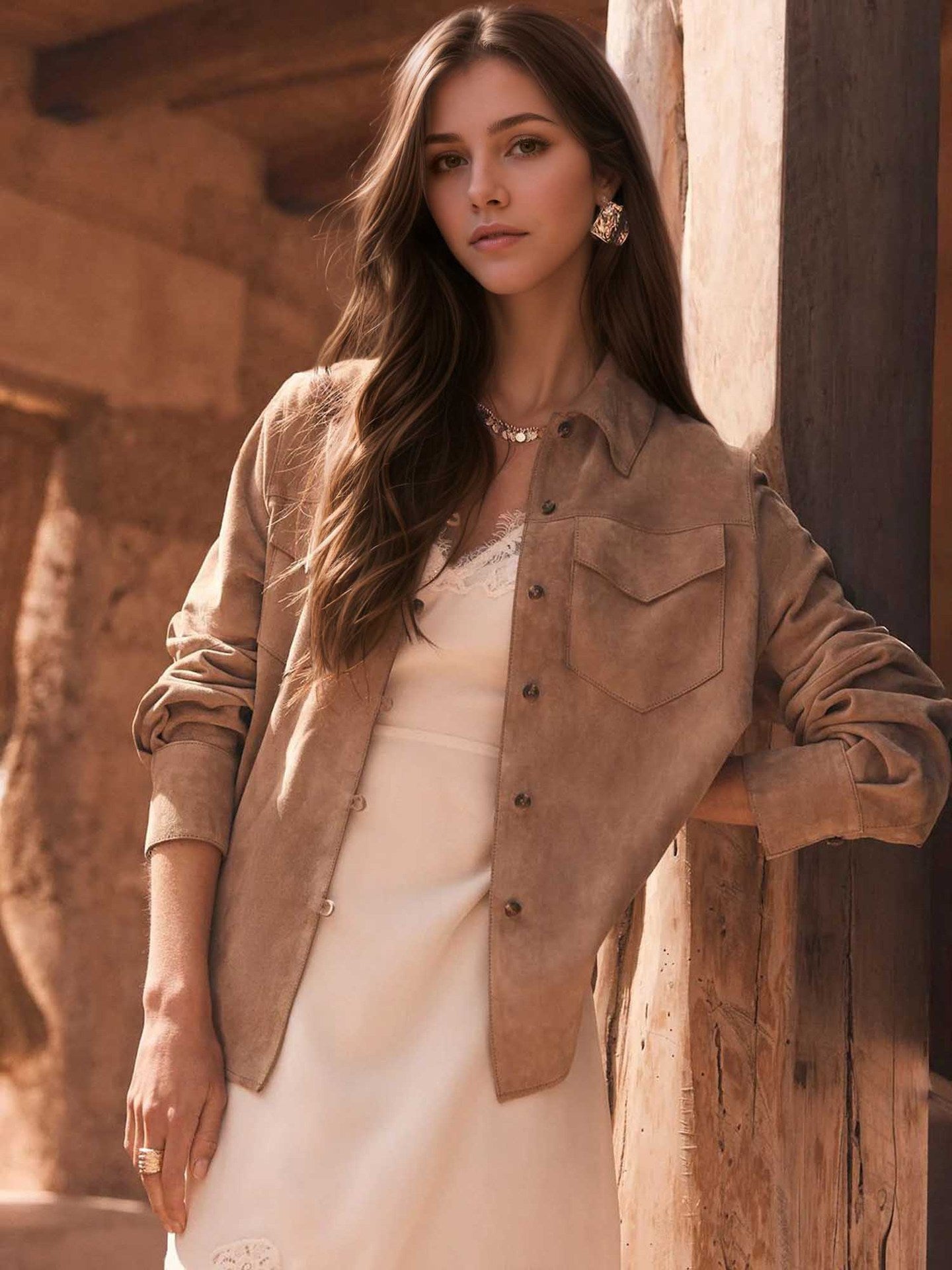 Loose Suede Shirt Jacket with Lapel and Chest Pockets