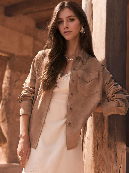 Loose Suede Shirt Jacket with Lapel and Chest Pockets
