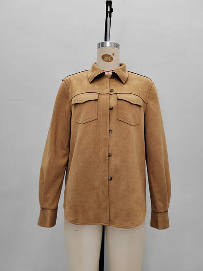 Loose Suede Shirt Jacket with Lapel and Chest Pockets