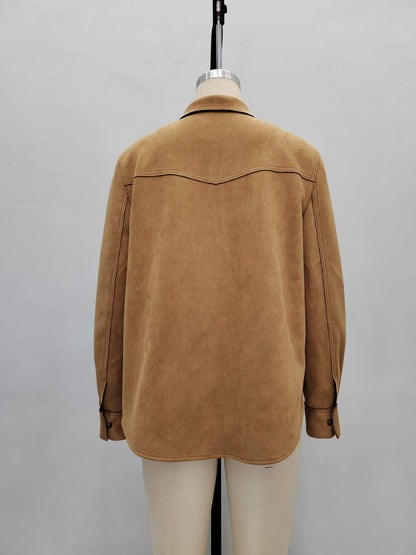 Loose Suede Shirt Jacket with Lapel and Chest Pockets