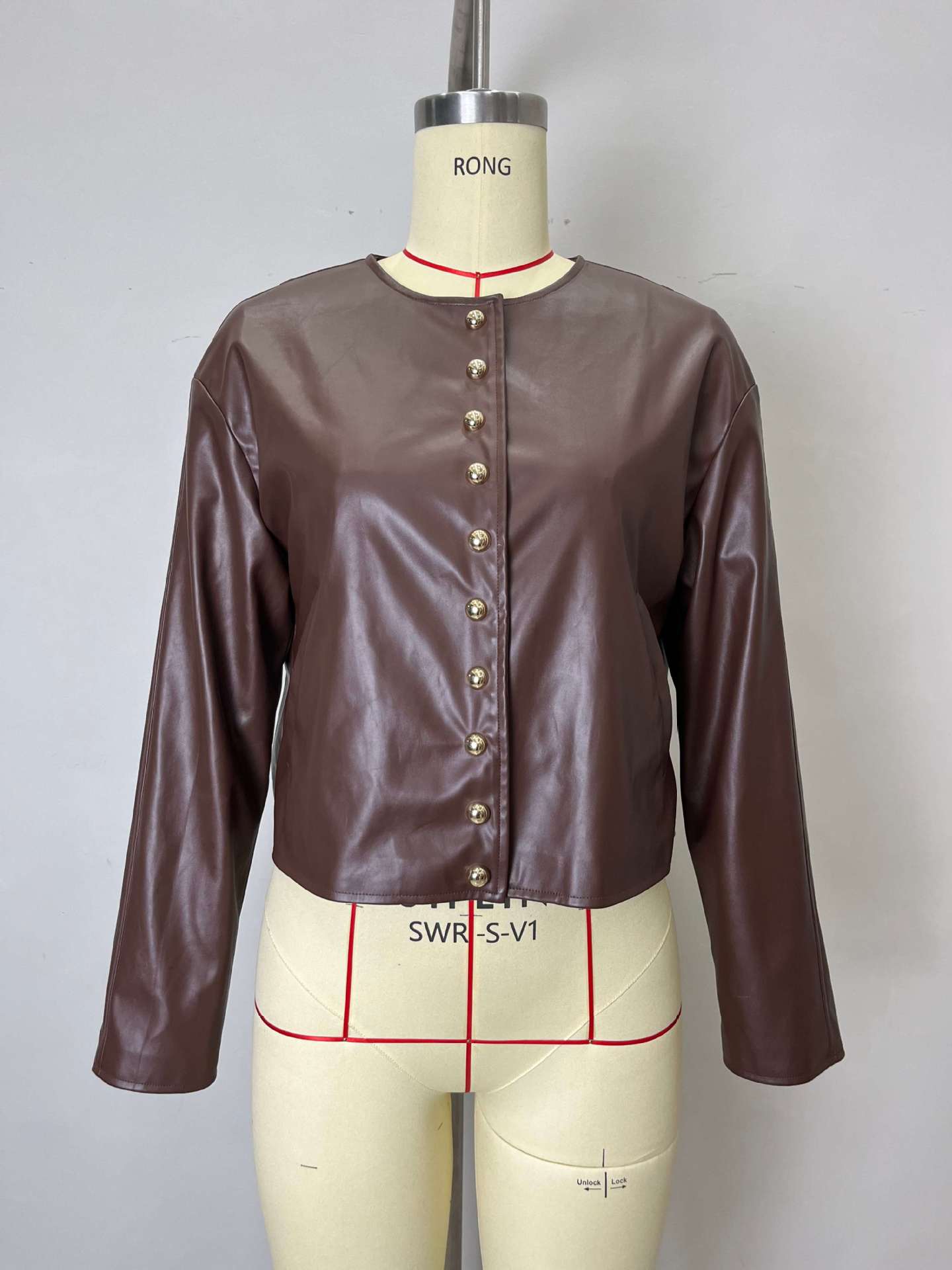 Cropped Faux Leather Jacket with Gold Buttons